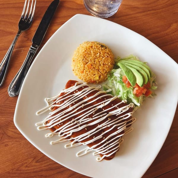 Potrillo's Mexican Grill enchiladas topped with crema, served with rice, lettuce, tomato, and avocado.